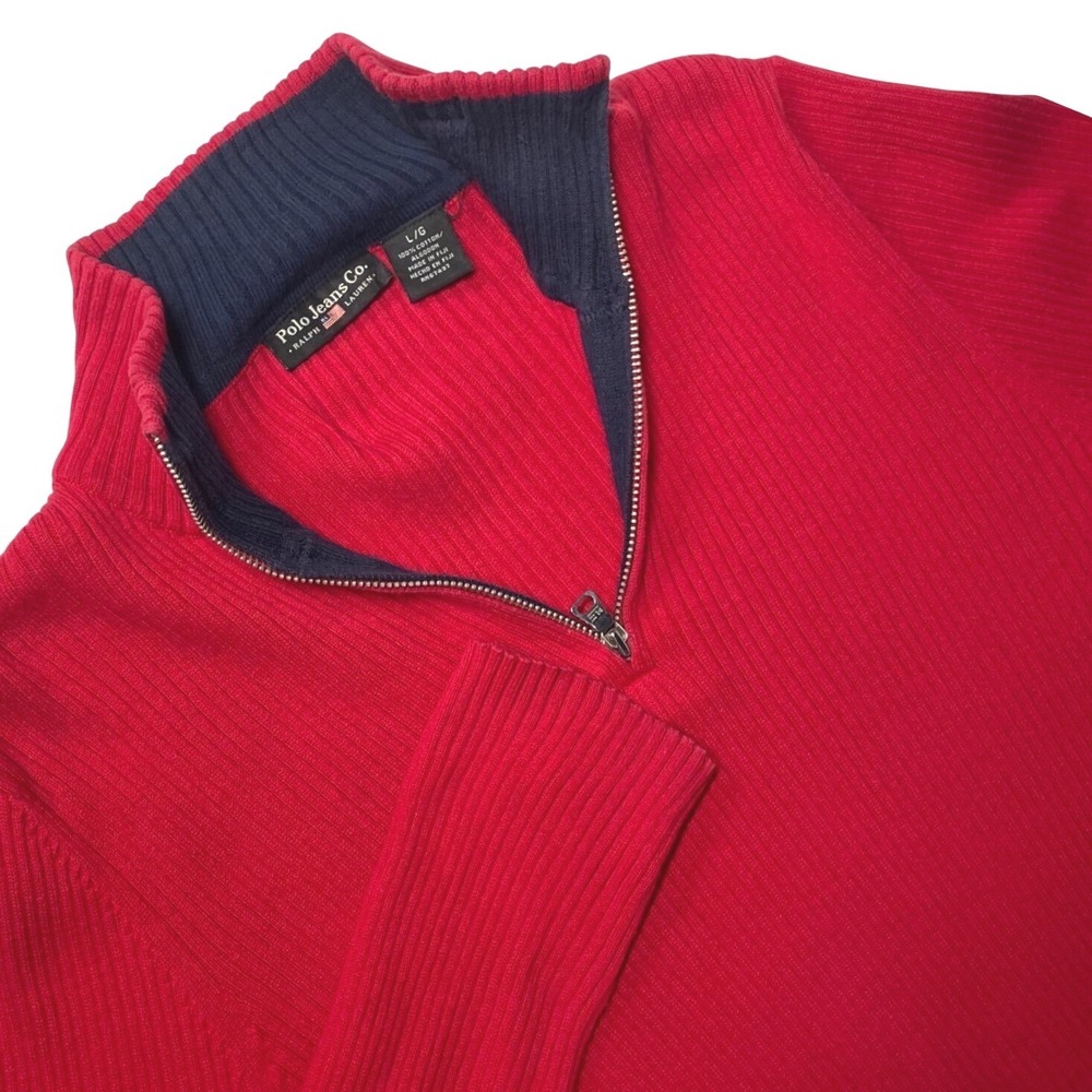 Polo Jeans Co Ralph Lauren Red Ribbed 1/4 Zip Cotton Sweater Y2K Womens L READ